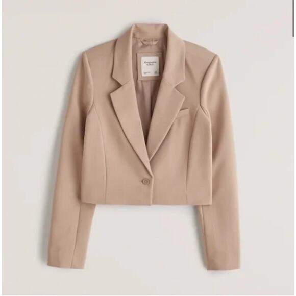 Abercrombie & Fitch Beige Vegan Leather Cropped Blazer Jacket Preppy Neutral S - Picture 1 of 7